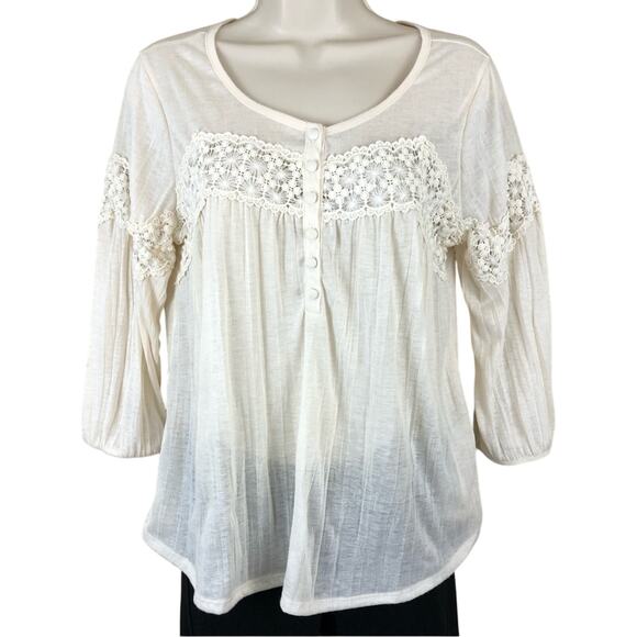 Cream Crochet Trim Henley Style Pop Over Top Scoop Neck Button Trim Loose fit - Picture 13 of 16